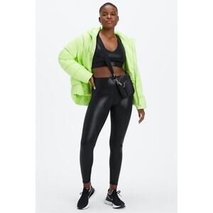 $150 Fabletics Shiny Black Foil 2-Piece Bra/Leggings Extend Workout Set - S